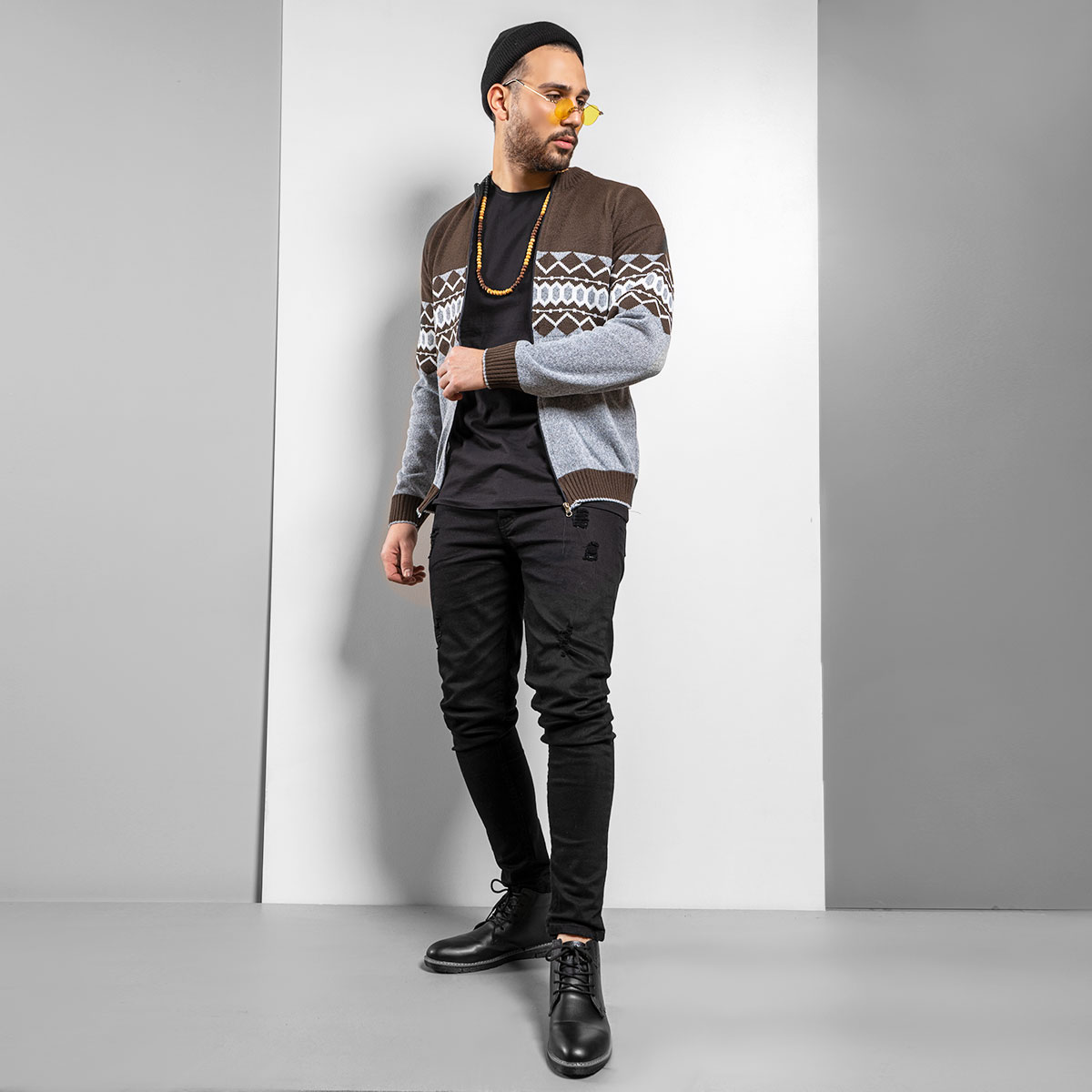 سوئیشرت بافت قهوه ای طوسی مردانه مدل Ezad