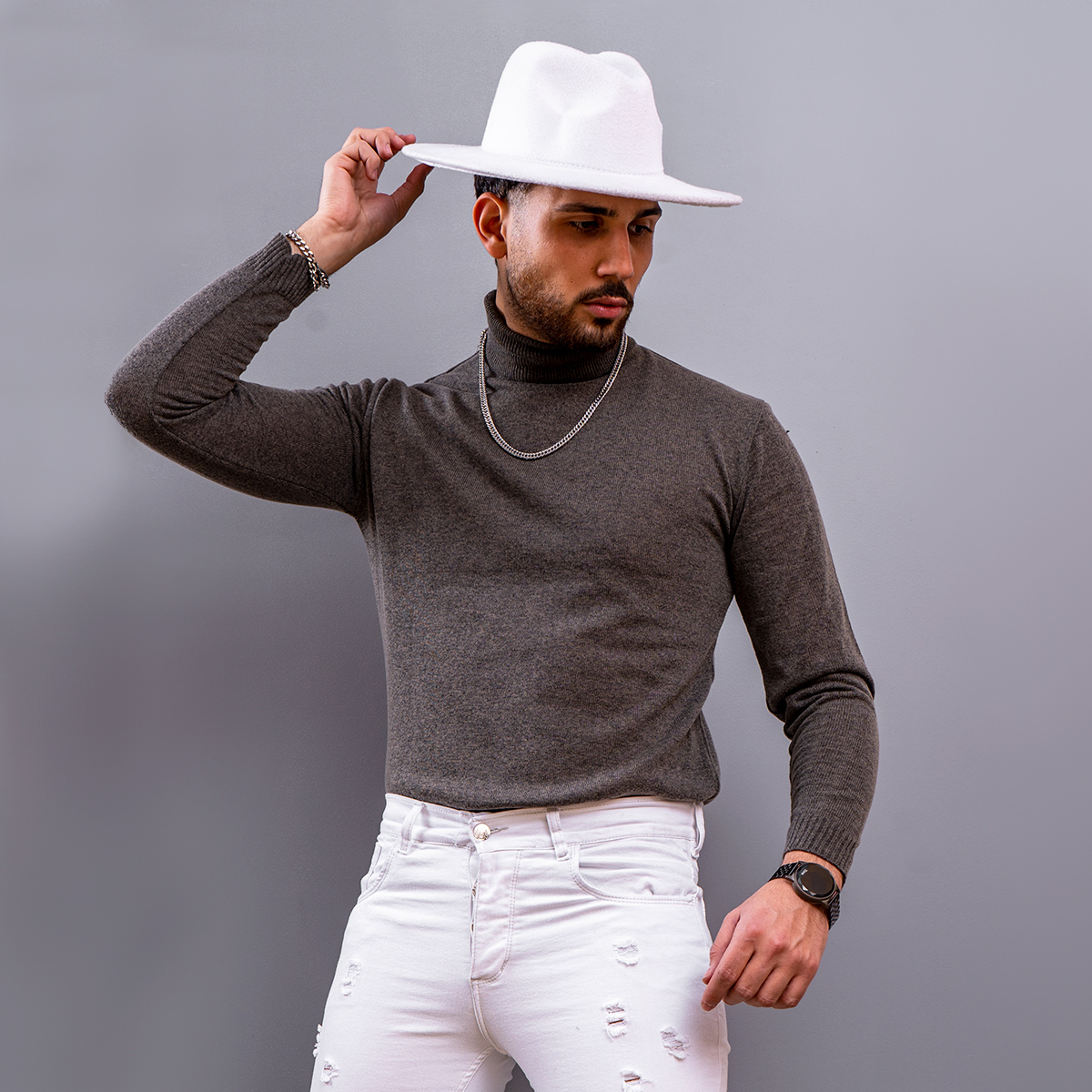 پلیور بافت یقه اسکی مردانه مدل Ersan رنگ خاکی