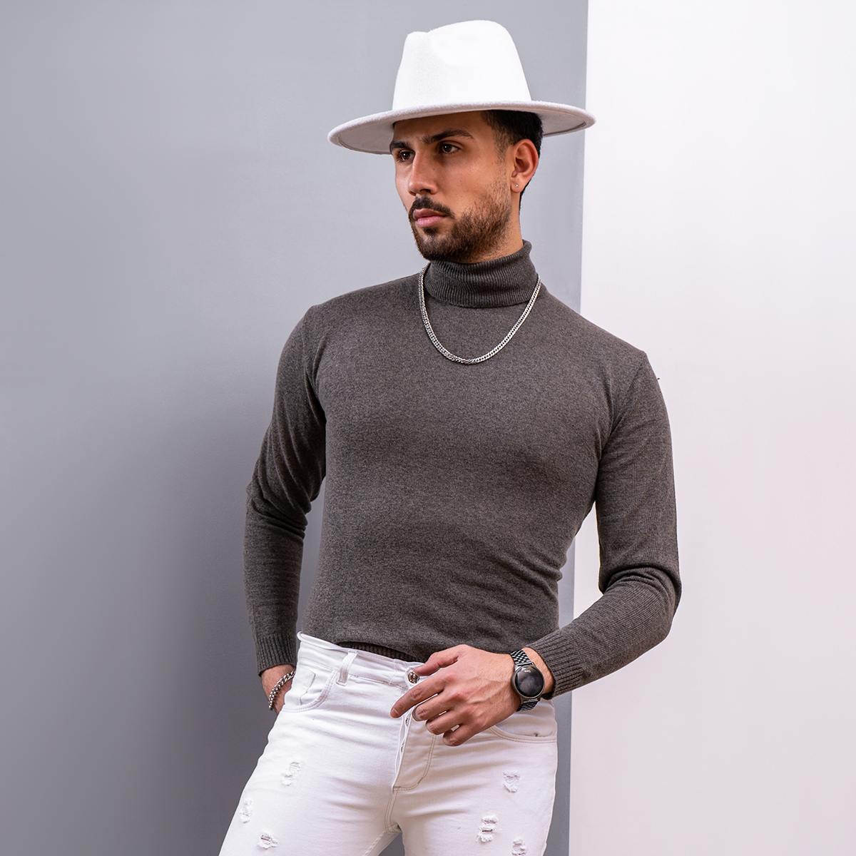 پلیور بافت یقه اسکی مردانه مدل Ersan رنگ خاکی