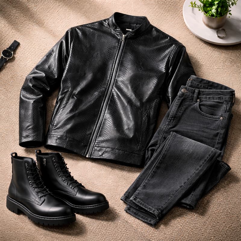 کاپشن چرم طرح پوست مار ساده مردانه مدل Yasan