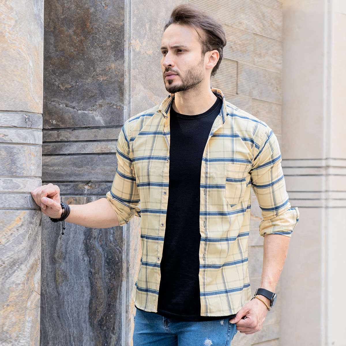 پیراهن چهارخانه درشت زردمدل Dgr