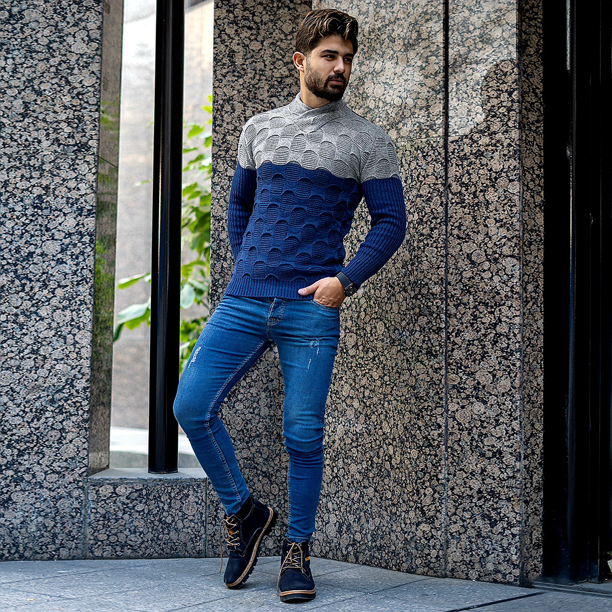 پلیور دورنگ طوسی آبی مردانه مدلArkia