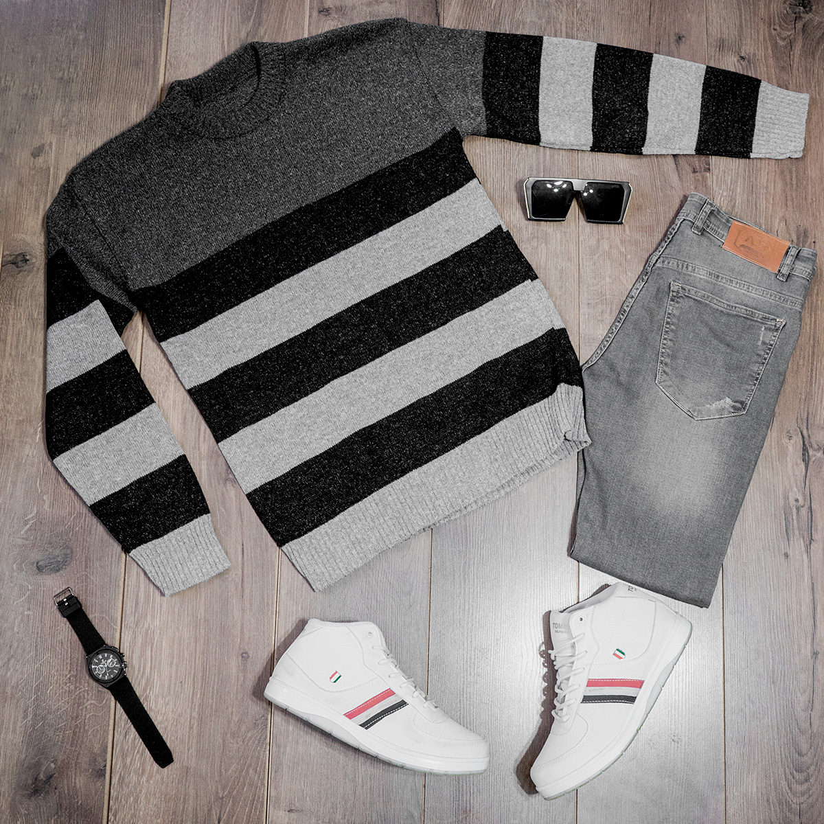 پلیور راه راه طوسی ذغالی مردانه مدل Sosha