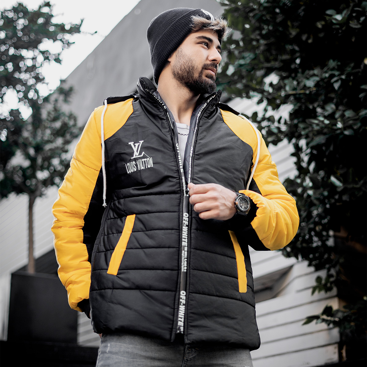 کاپشن مردانه مشکی زردمدل LV