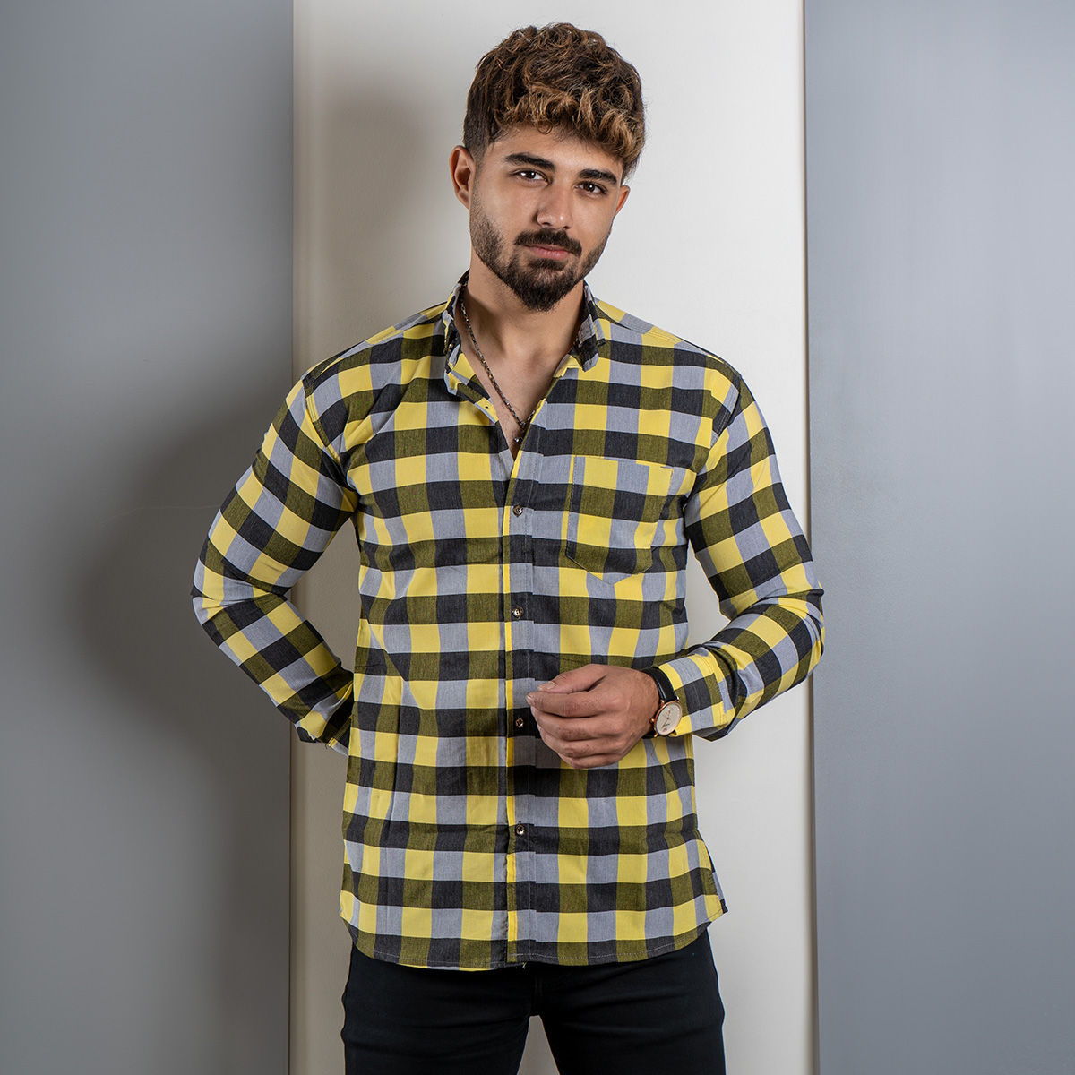 پیراهن چهارخانه زرد مردانه مدل unam