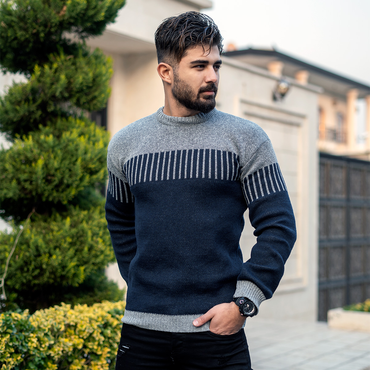 پلیور بافت مردانه طوسی سرمه ای مدل risha