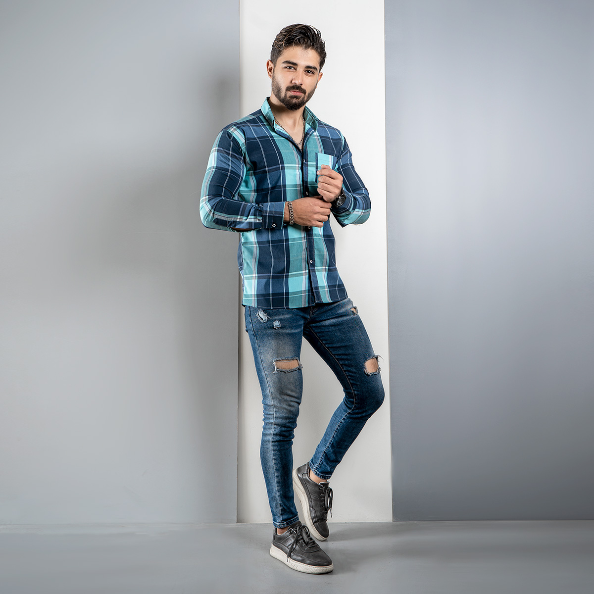 پیراهن چهارخانه سبز آبی مدلfan