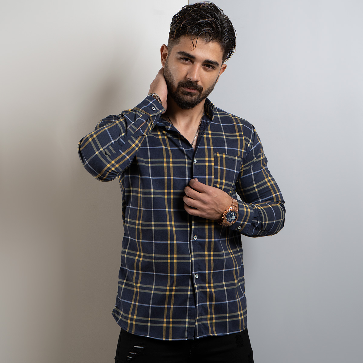 پیراهن راه راه مردانه سرمه ای زرد مدل arshia