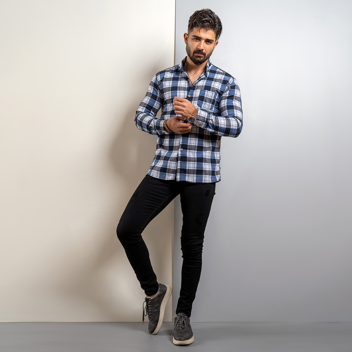 پیراهن چهارخونه مردانه(T) سفید آبی مدل Amir