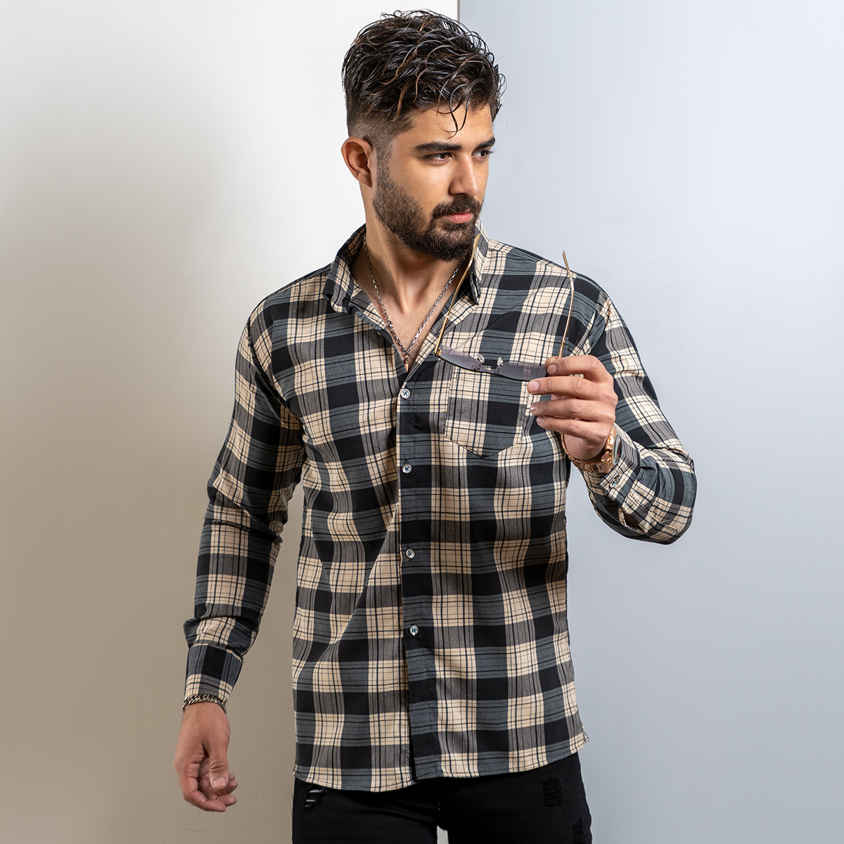 پیراهن چهارخونه کرم طوسی مردانه مدل amir