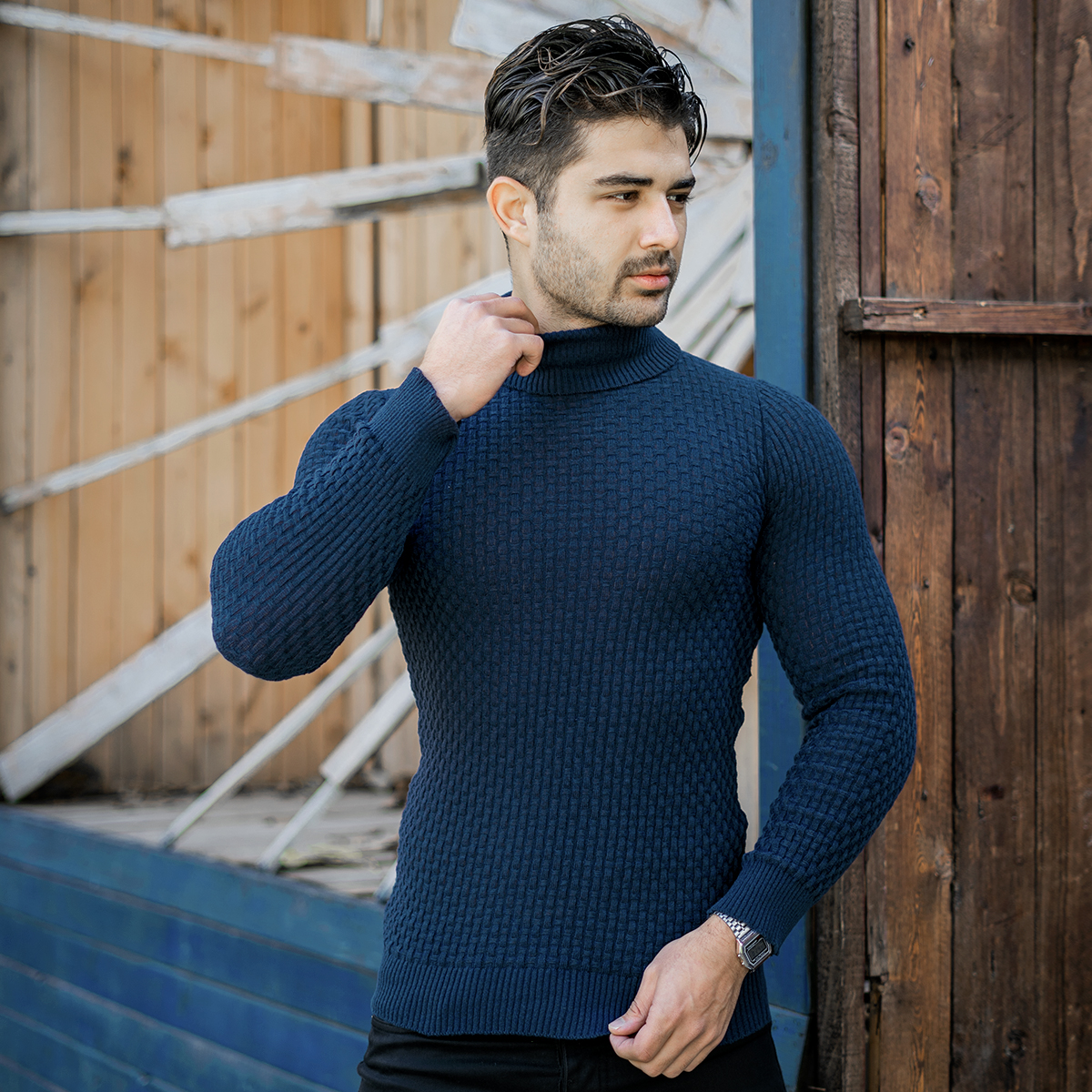 پلیور یقه اسکی مردانه سرمه ای مدل Oktav