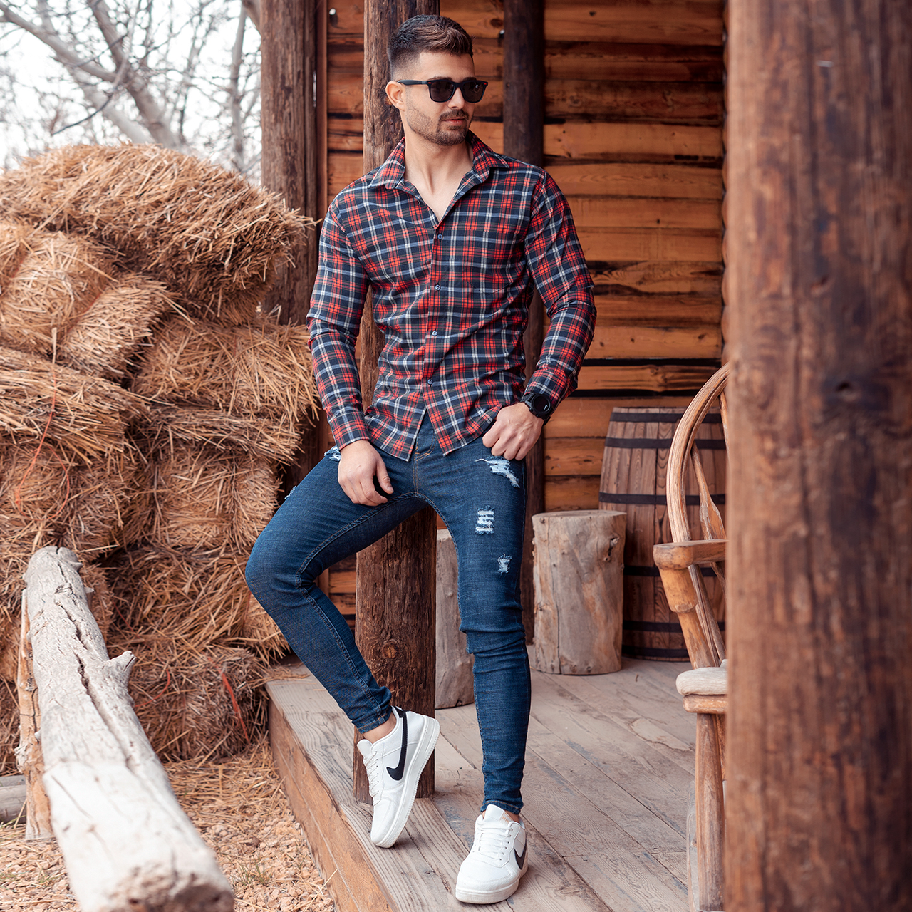 پیراهن چهارخانه قرمز سرمه ای مدلDivan