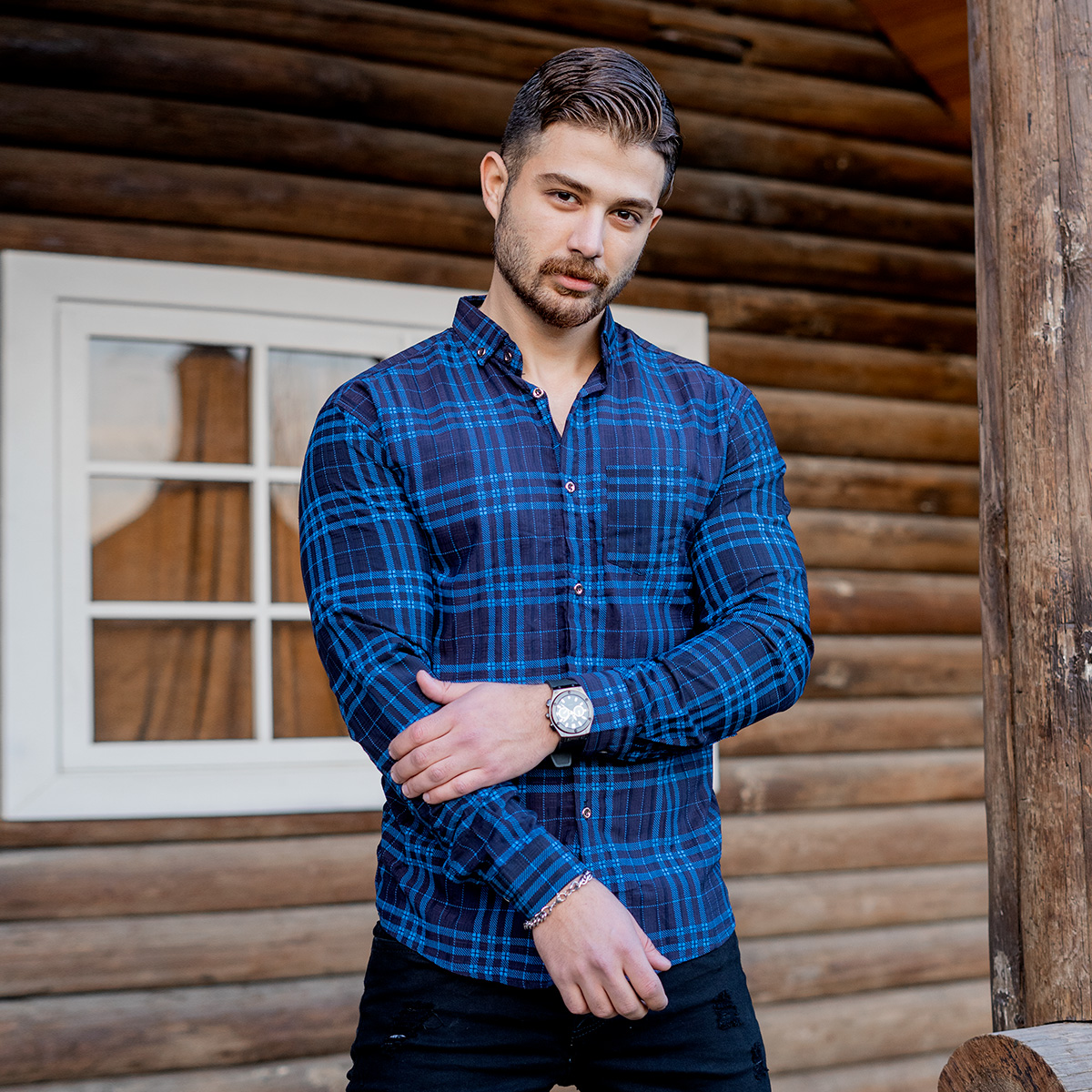 پیراهن چهارخونه مردانه آبی مدل farzam