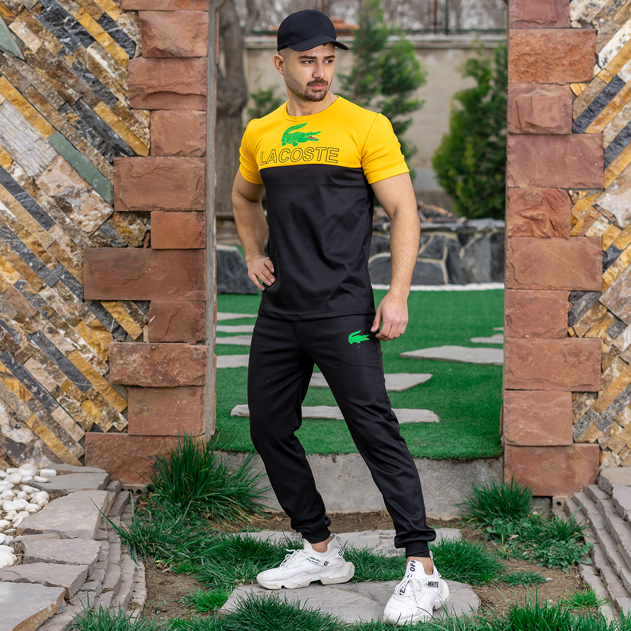 ست تیشرت شلوار مردانه زرد مشکی مدل Lacoste