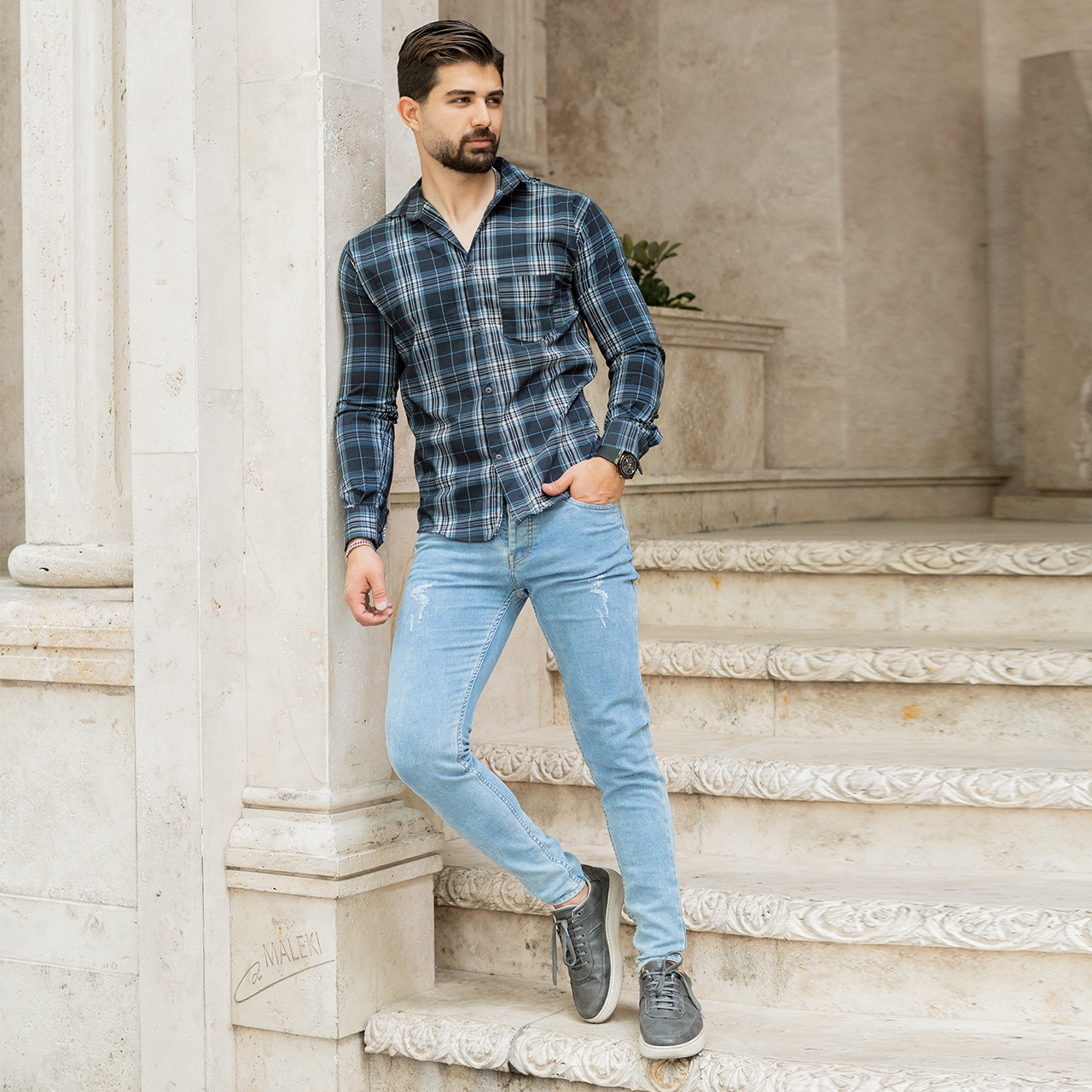 پیراهن مردانه (T)چهار خونه آبی مدلzava