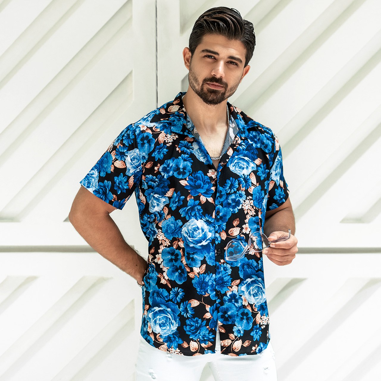 پیراهن هاوایی طرح گل آبی مردانه مدل P12