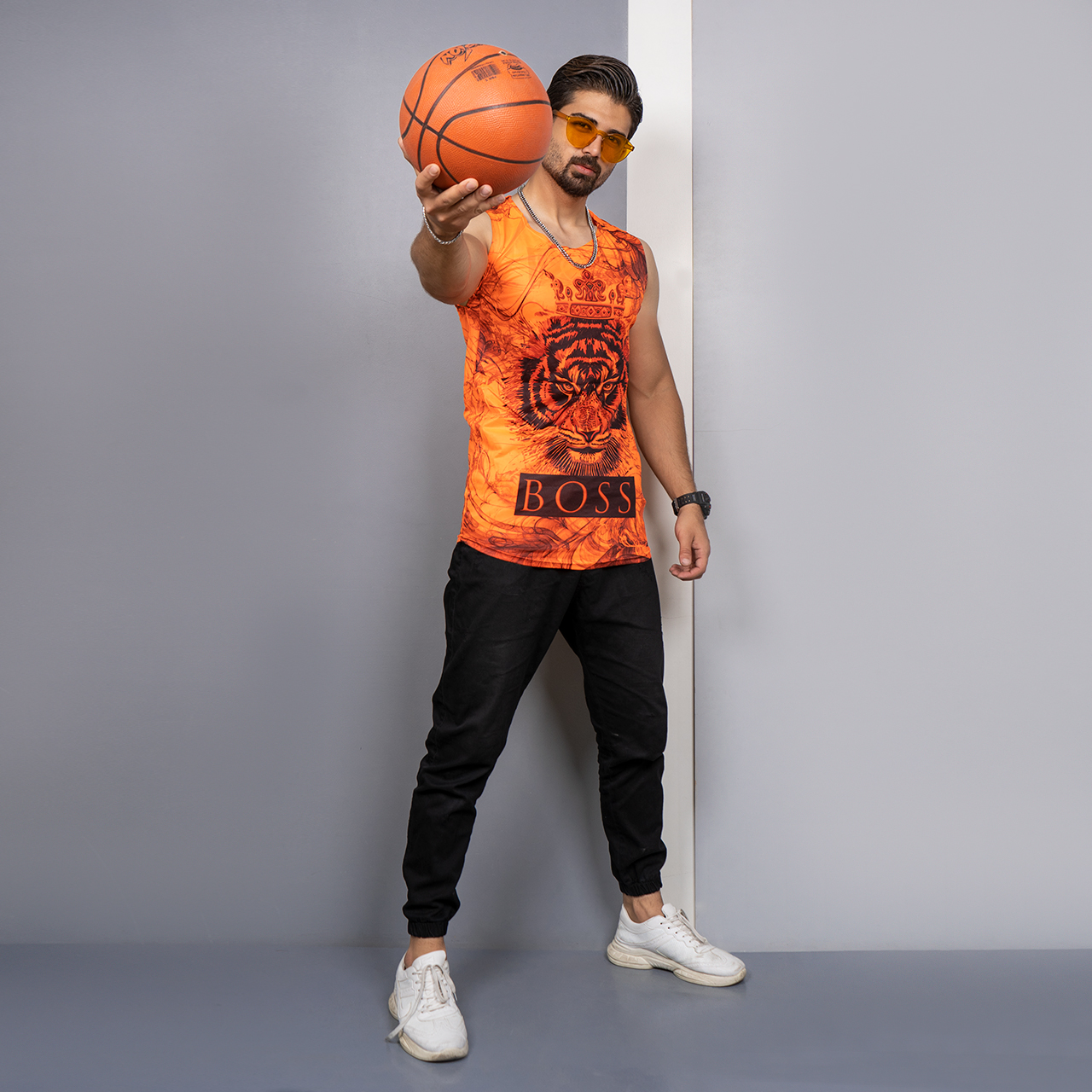 رکابی (T) نارنجی طرح ببر مردانه مدل Boss