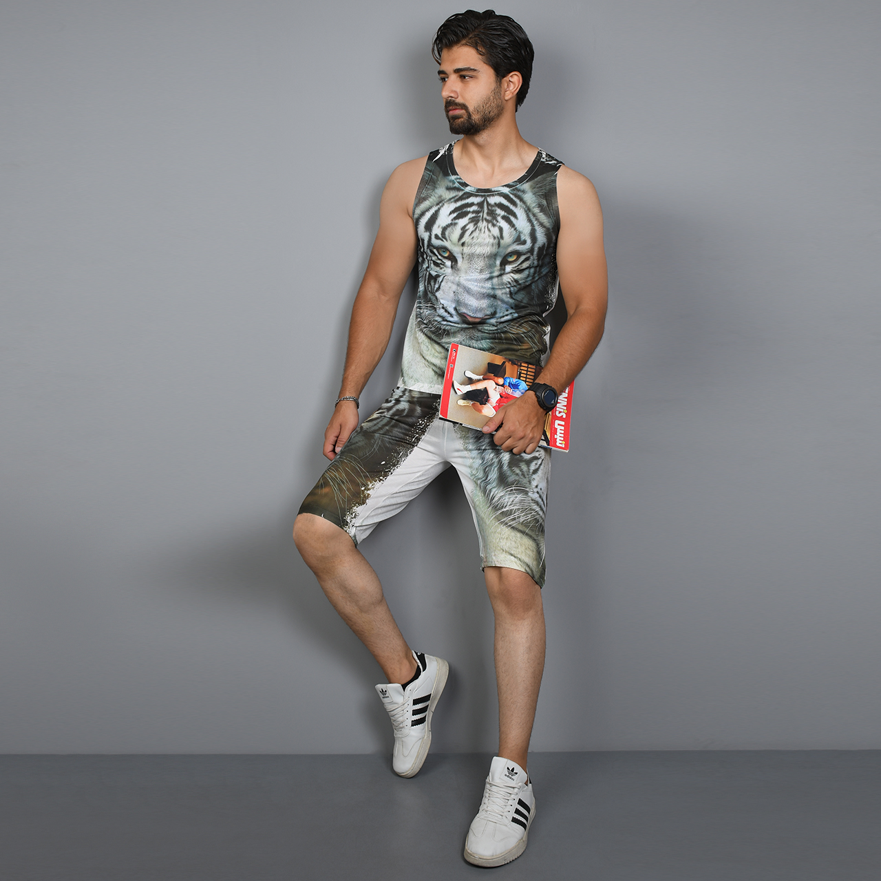 ست رکابی شلوارک طرح ببرقهوه ای مردانه مدل A31