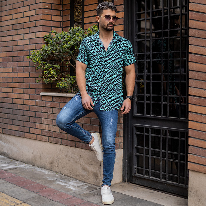 پیراهن هاوایی طرح فندی سبز مردانه مدل F82