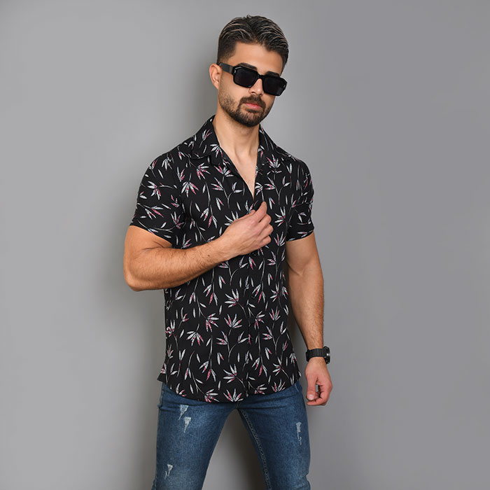 پیراهن هاوایی برگ صورتی مردانه مدل Pinko