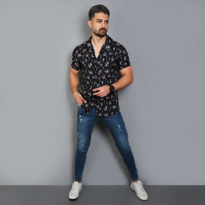 پیراهن هاوایی برگ صورتی مردانه مدل Pinko