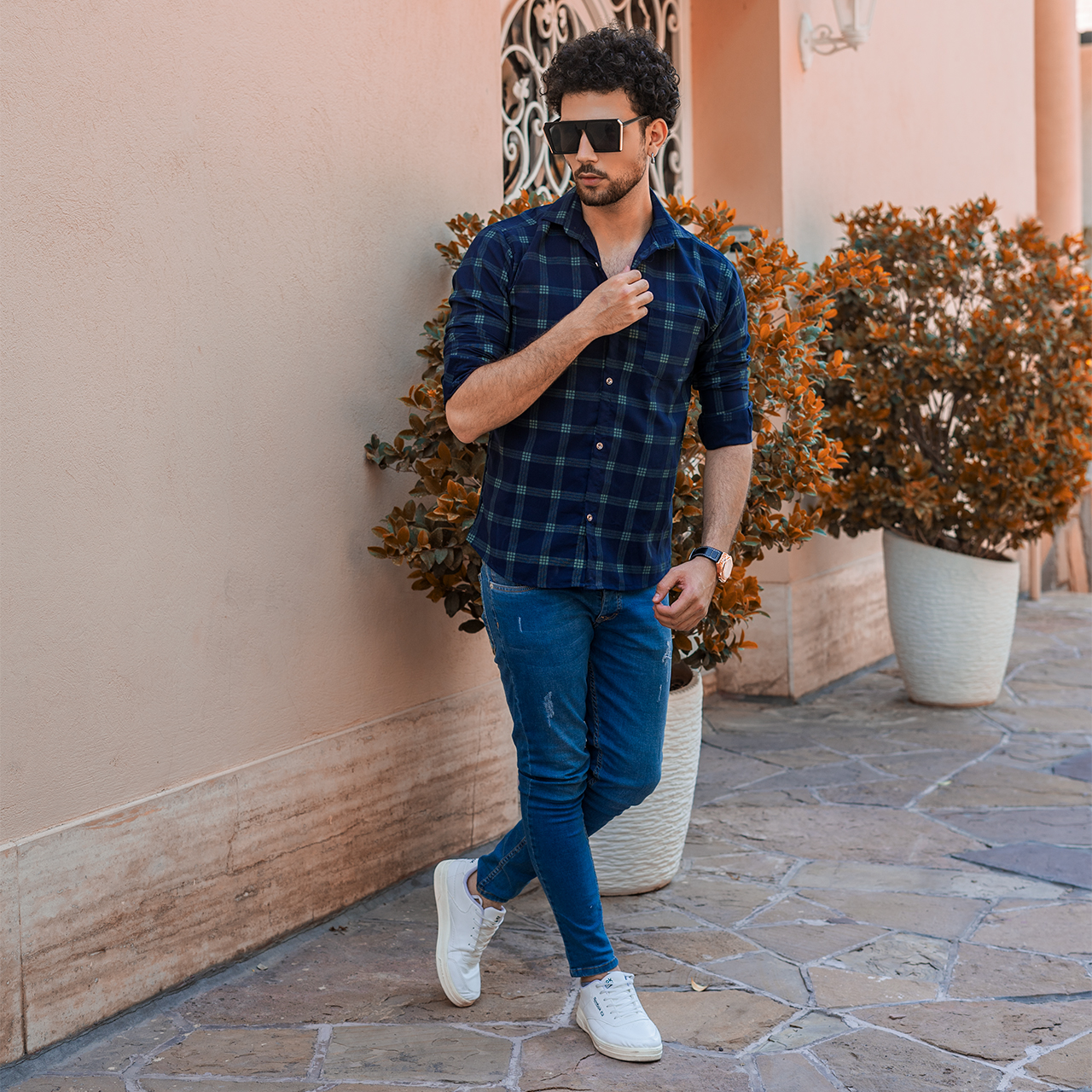 پیراهن چهارخونه مردانه سرمه ای مدل B18