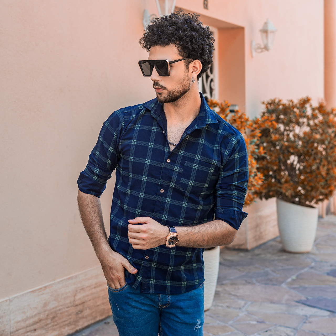 پیراهن چهارخونه مردانه سرمه ای مدل B18