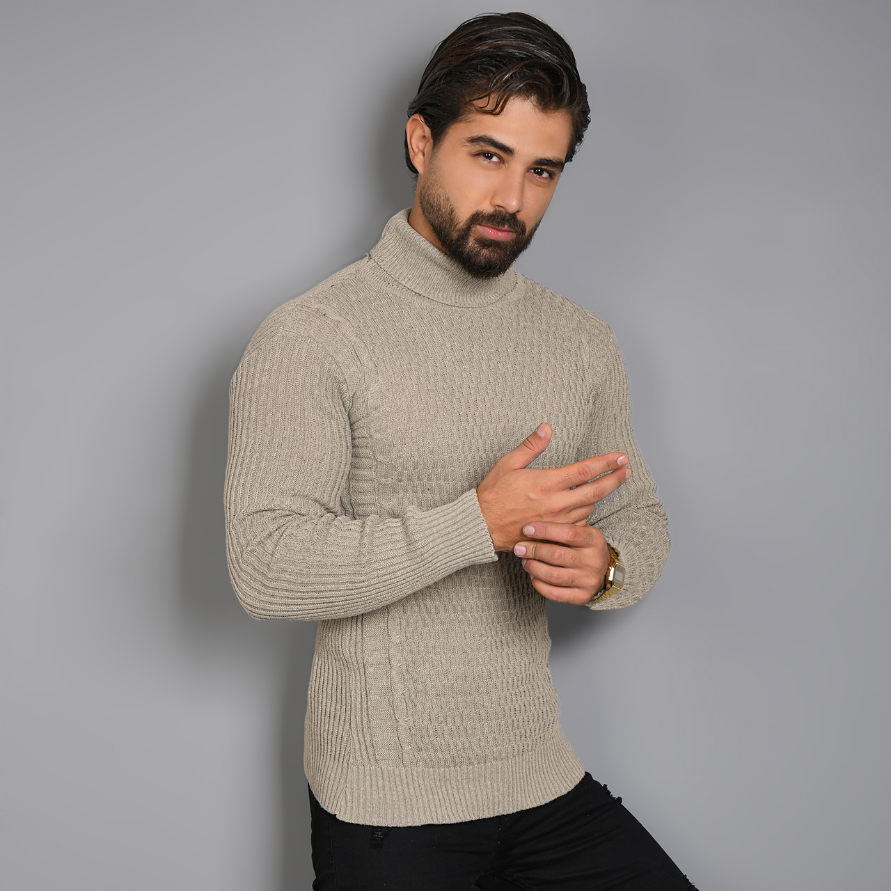 پلیور یقه اسکی کرم طرح راه راه مردانه مدلT10