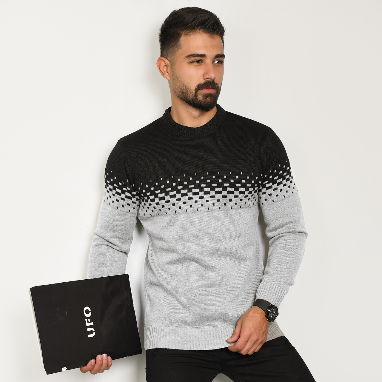 پلیور مردانه دو رنگ طوسی مشکی مدلShatel