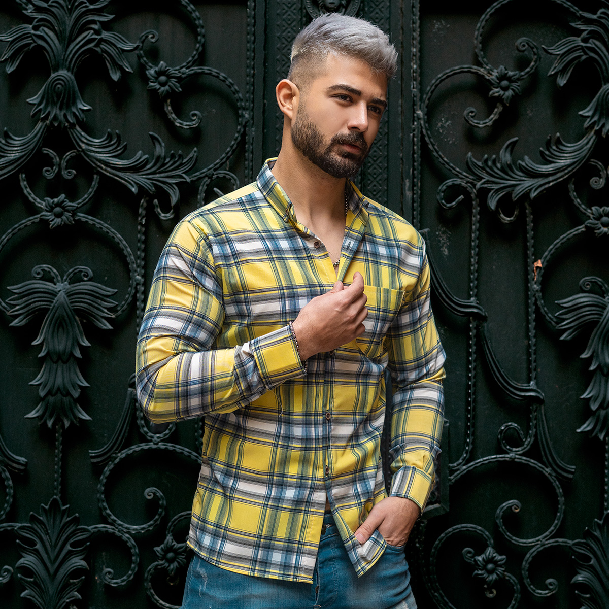 پیراهن مردانه چهارخونه لیمویی مدل Damin