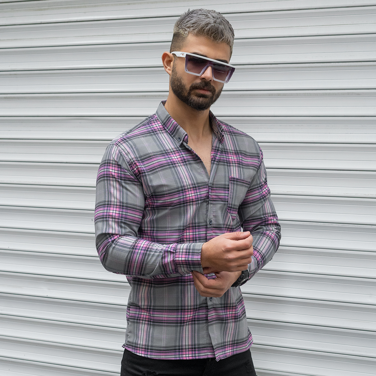 پیراهن مردانه طوسی صورتی مدل ahora