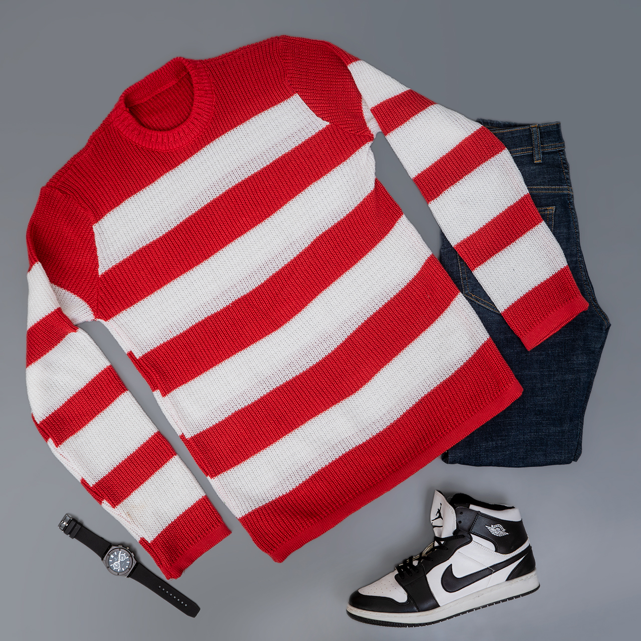 پلیور مردانه راه راه سفید قرمز مدل Mahyad