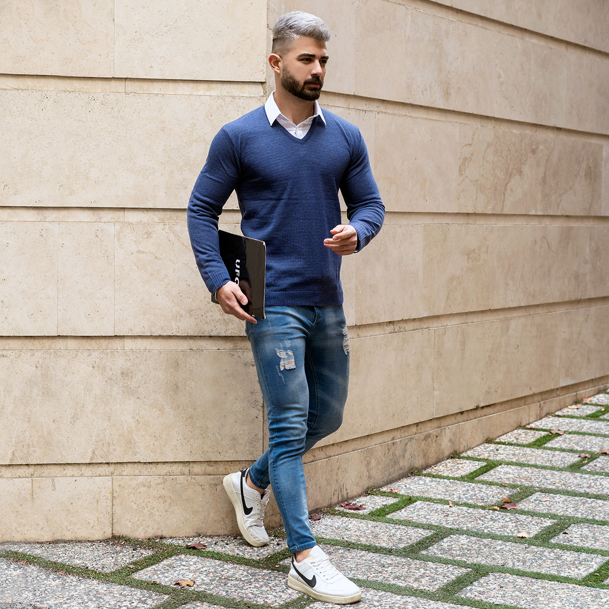 پلیوربافت یقه هفت سرمه ای مردانه مدل sorosh