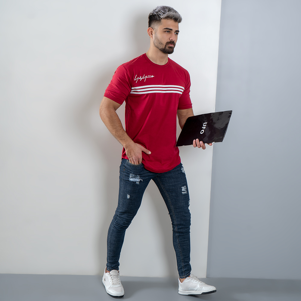 تیشرت مردانه سه خط زرشکی مدل DENVER