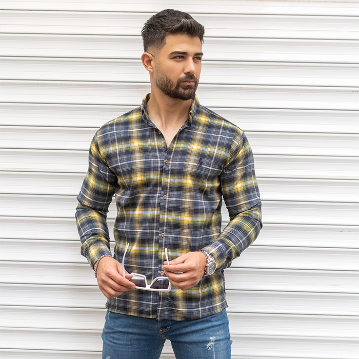 پیراهن مردانه زرد سرمه ای مدل Farzad