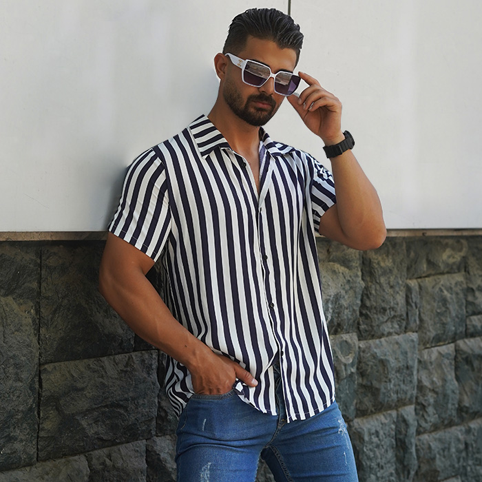 پیراهن مردانه هاوایی راه راه سفید مشکی مدل Siamand