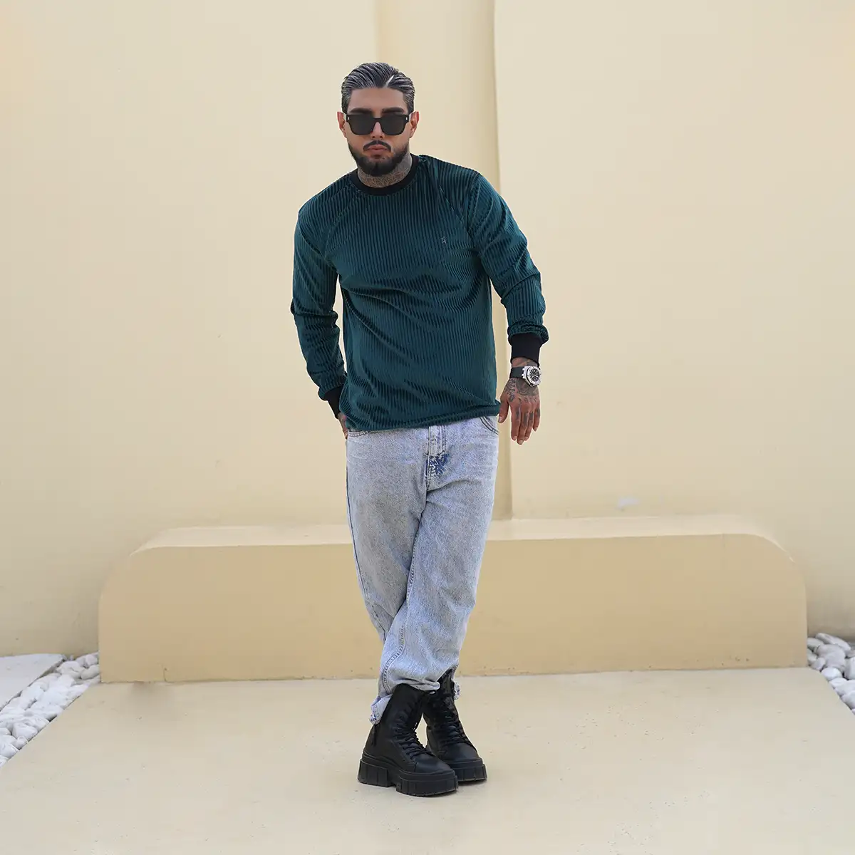 تیشرت آستین بلند سبز مردانه مدل Behrouz