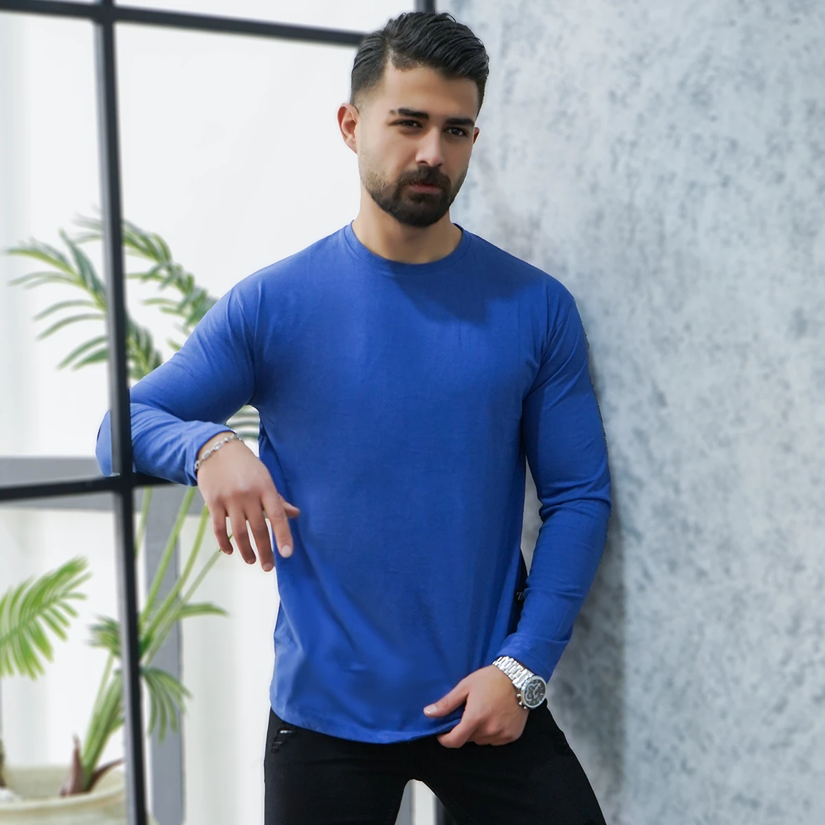 تیشرت آستین بلند آبی مردانه مدل Vala