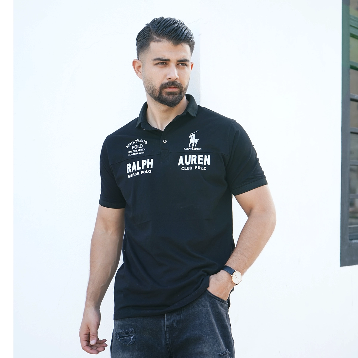 تیشرت یقه دار مشکی مردانه مدل Ralph