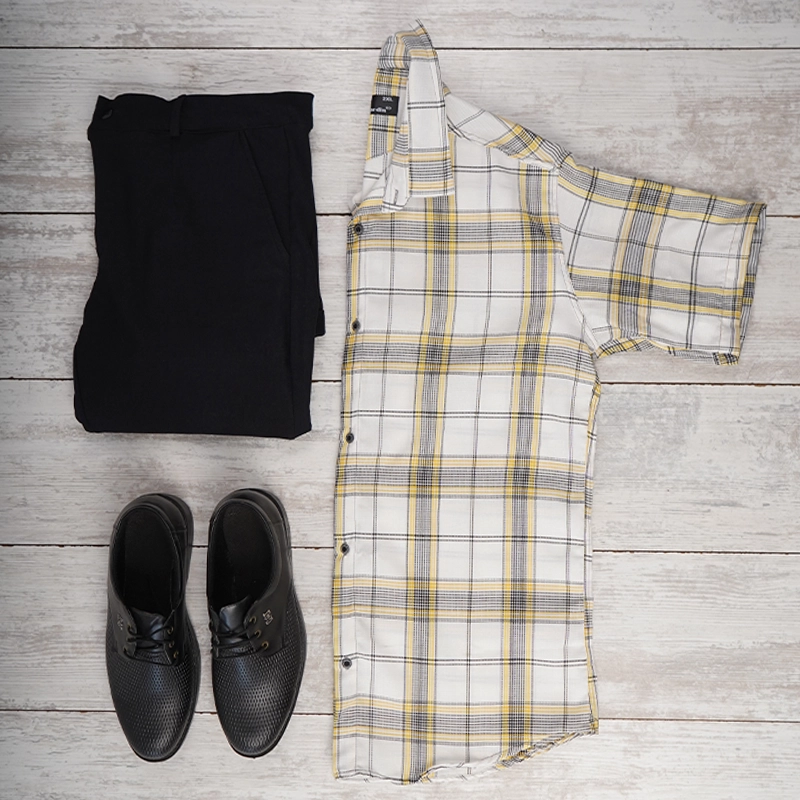 پیراهن چهارخونه زرد سفید مردانه مدل Okava