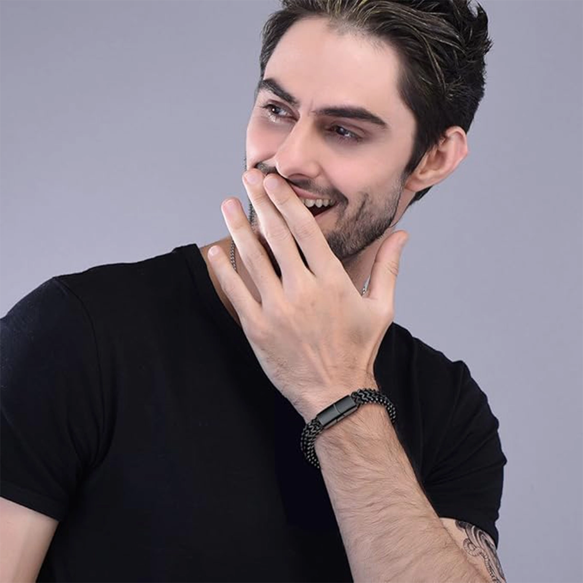 دستبند زنجیری ضخیم مشکی مردانه مدل H23