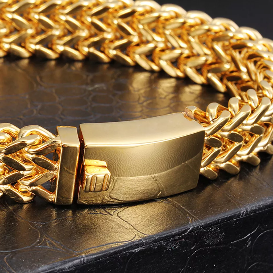 دستبند زنجیری ضخیم طلایی مردانه مدل H23