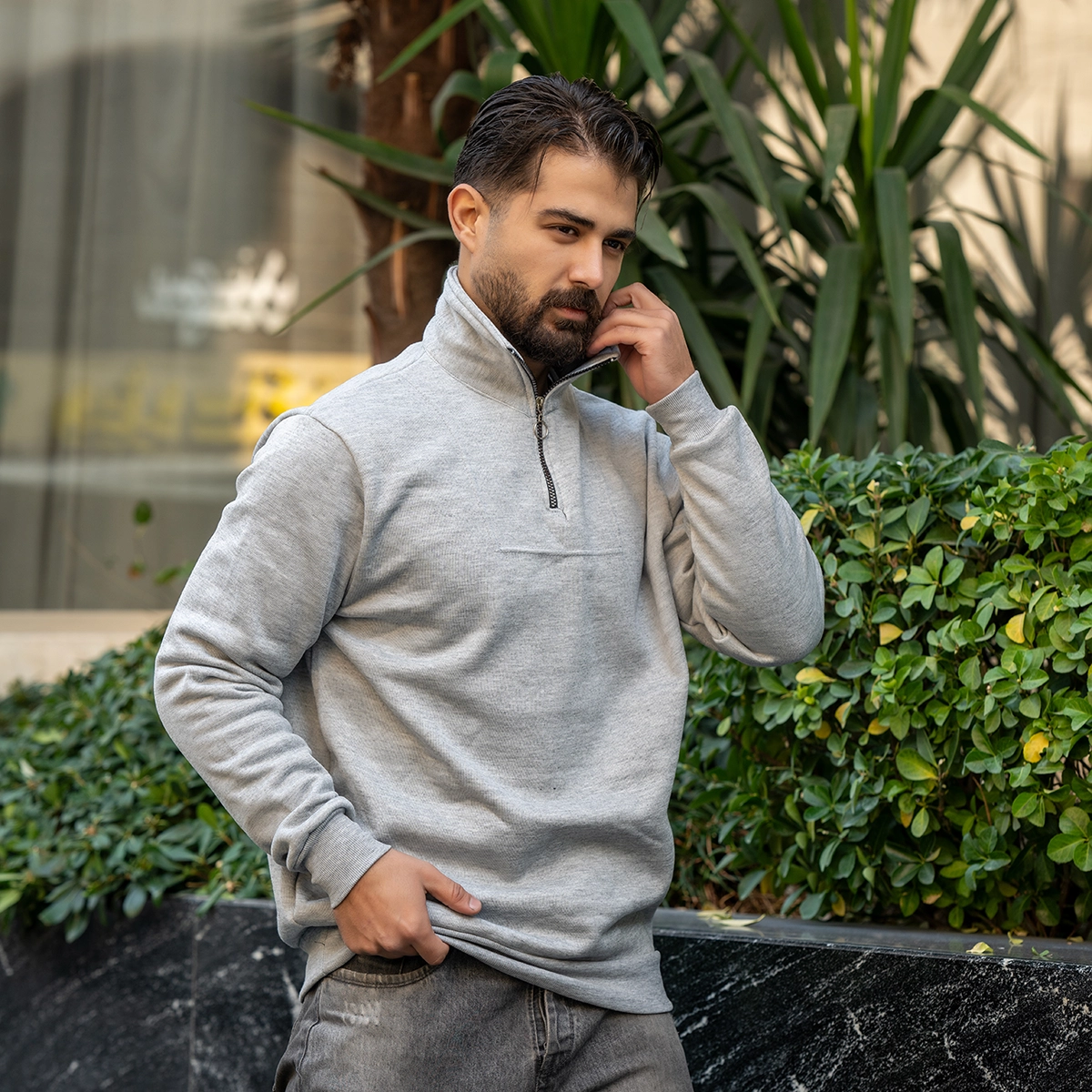 هودی نیم زیپ مردانه طوسی مدل Shobin