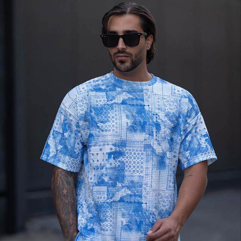 تیشرت مراکشی چاپی آبی مردانه مدل Ramin