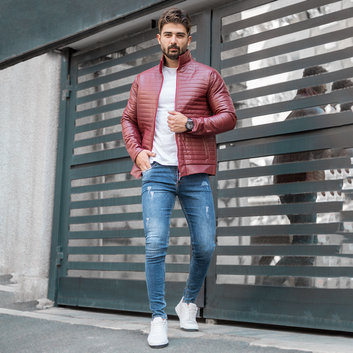 کاپشن چرم مردانه زرشکی مدل TIMER