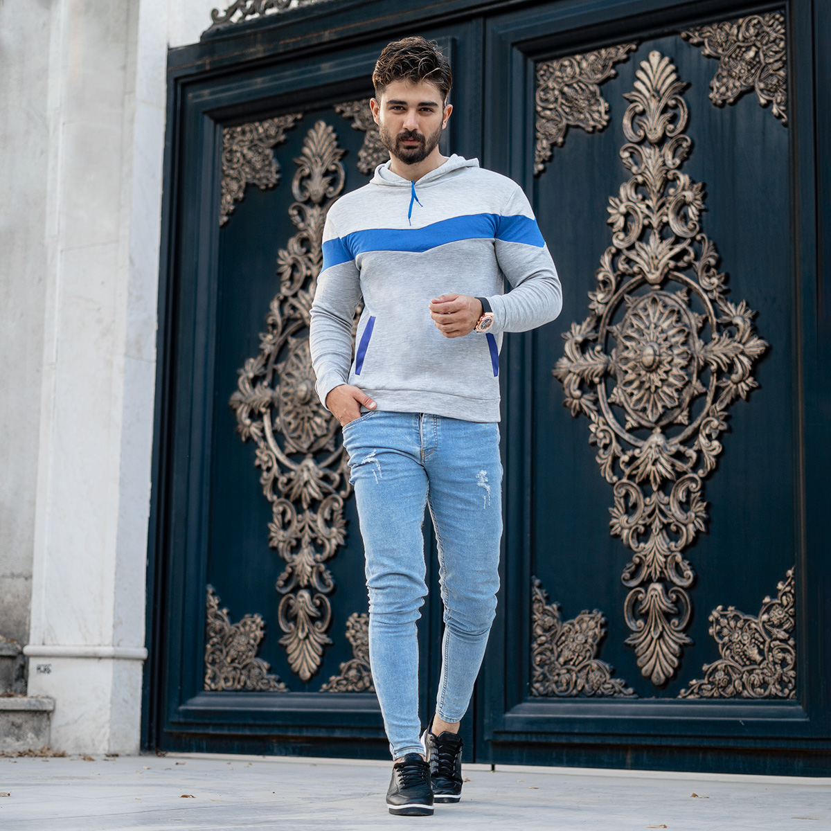 هودی مردانه مدل aykan دو رنگ ملانژ آبی