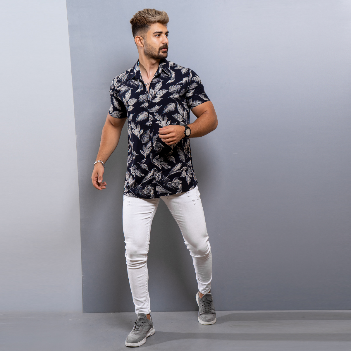 پیراهن هاوایی مردانه سرمه ای مدل Tinkal-