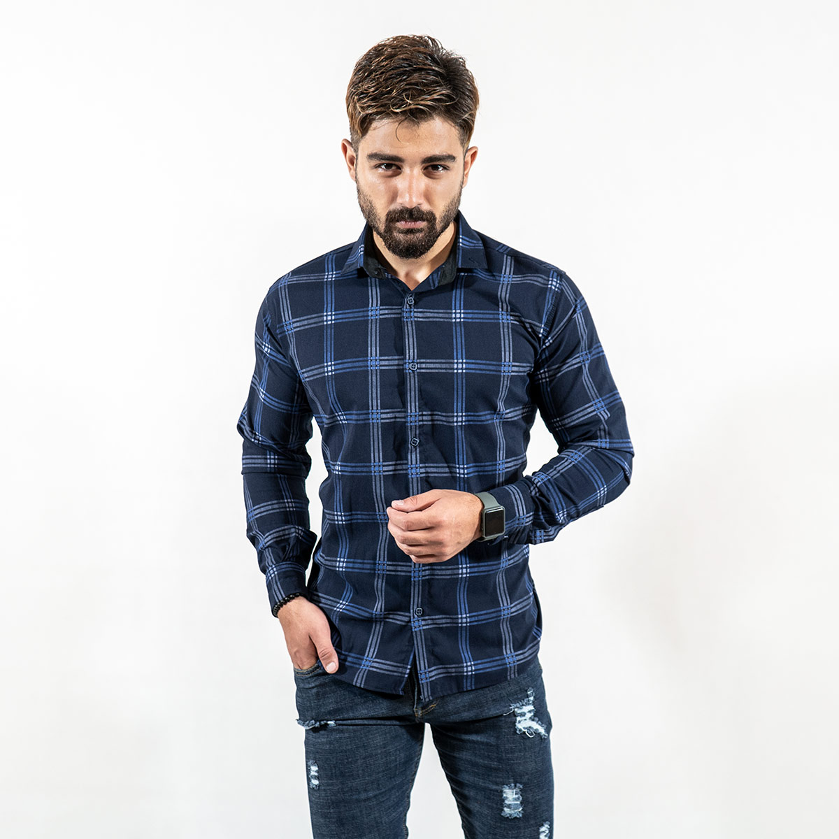 پیراهن چهارخونه(T) سرمه‌ای مردانه مدل Siyam